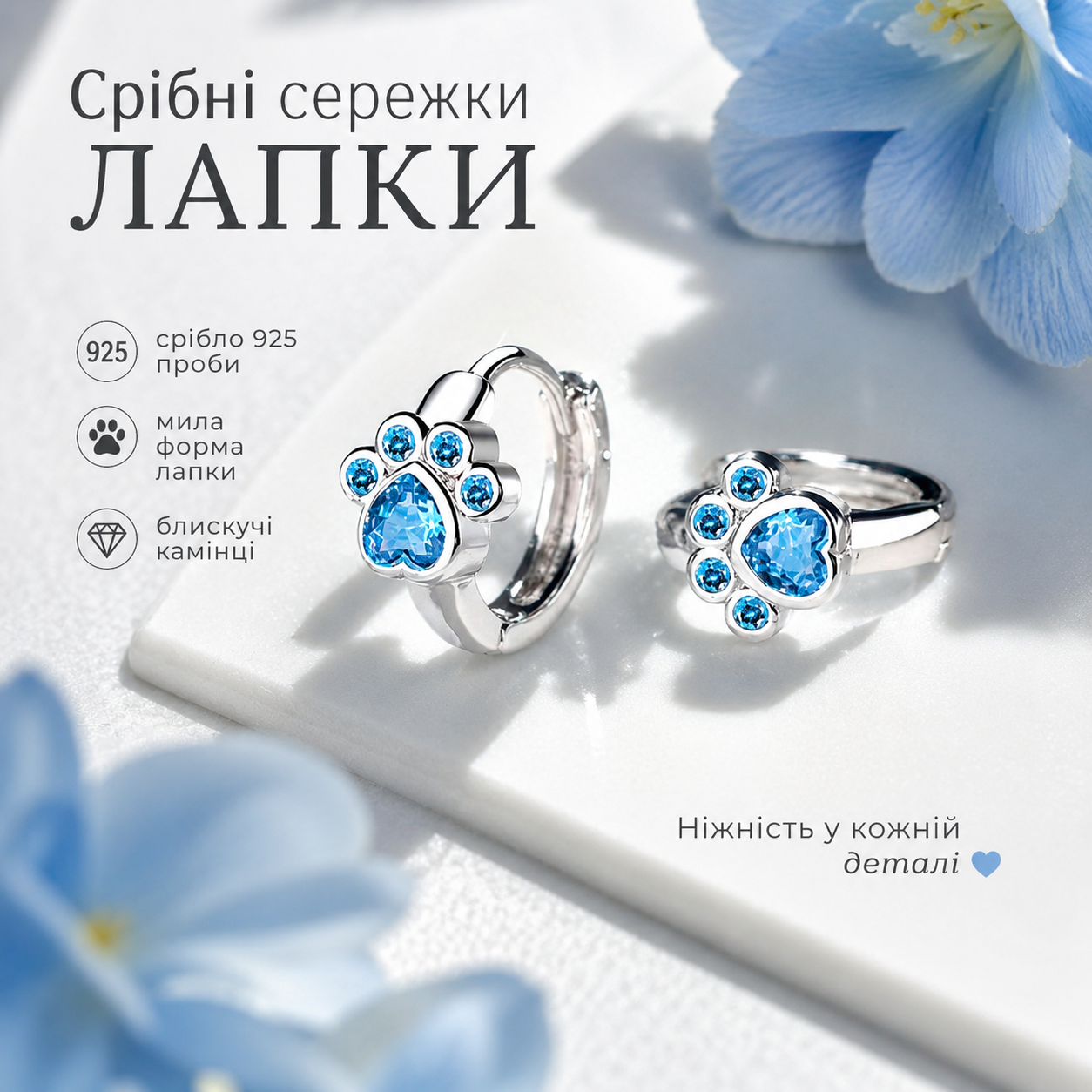 Срібні сережки Лапки з блакитним цирконієм на вушці